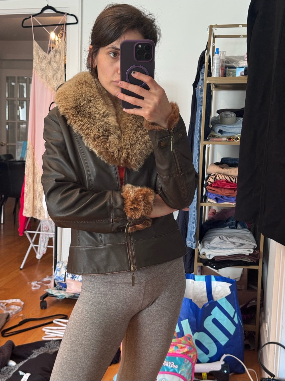 Vintage Danier Brown Leather Jacket Genuine Fox Fur Collar Rabbit Fur